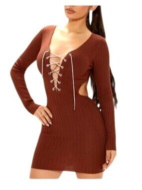 HERA COLLECTION- WOMENS BROWN DRESS SIDES/LOWER BACK OPENNING LONG SLEEVE SIZE M